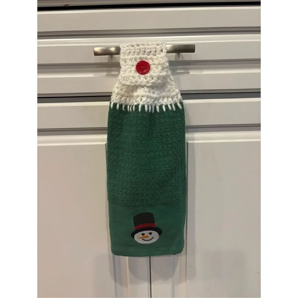 Crochet Top Kitchen Towel-Green towel with snowman head